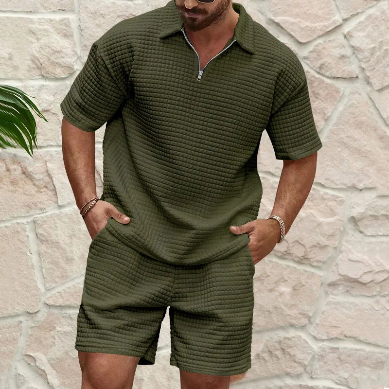 2024 Summer New Men'S Sets Casual Trend Fashion Comfortable Waffle Solid Color Polo Sport Sweatshirts Ropa Para Hombre