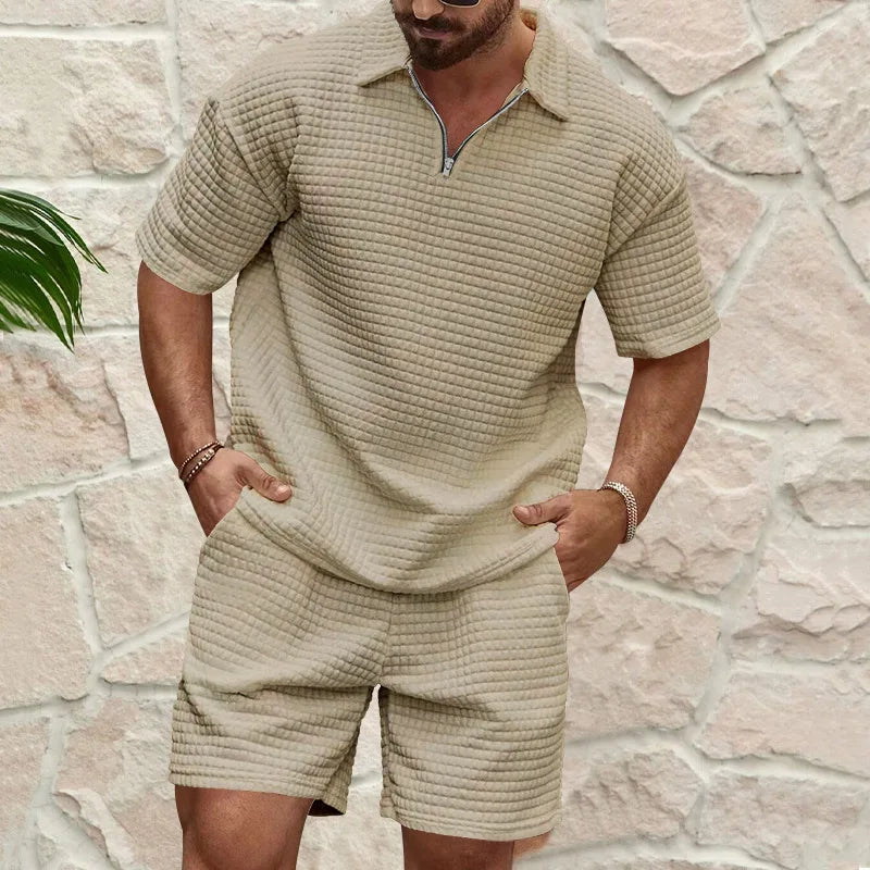 2024 Summer New Men'S Sets Casual Trend Fashion Comfortable Waffle Solid Color Polo Sport Sweatshirts Ropa Para Hombre