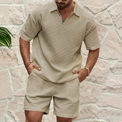2024 Summer New Men'S Sets Casual Trend Fashion Comfortable Waffle Solid Color Polo Sport Sweatshirts Ropa Para Hombre