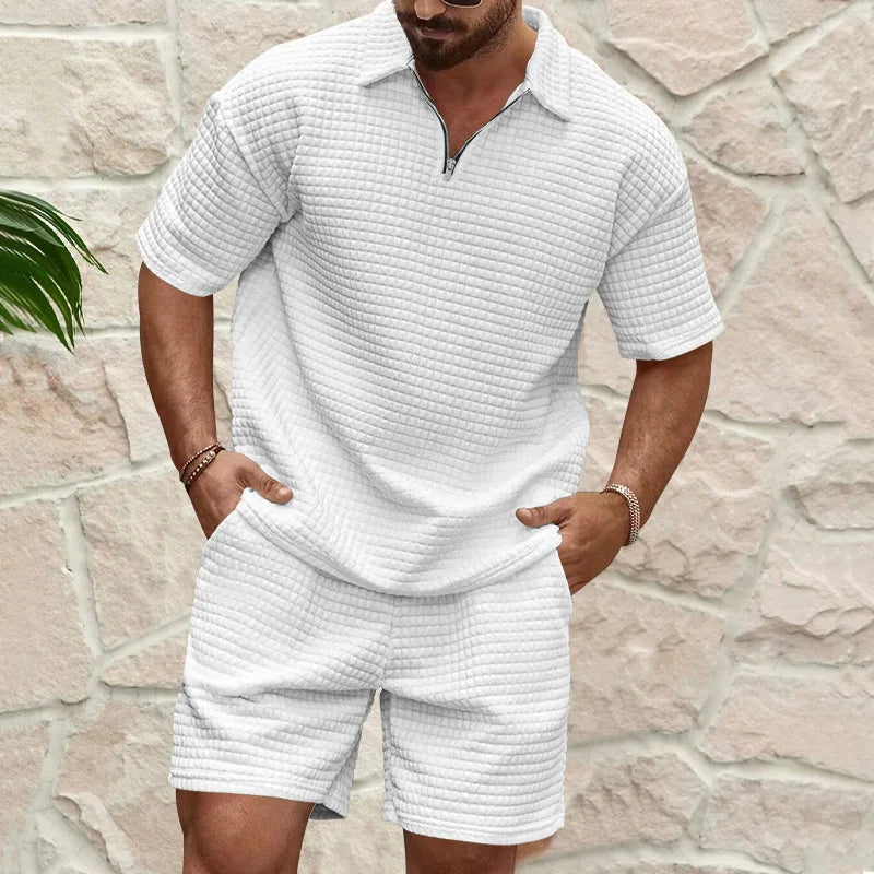 2024 Summer New Men'S Sets Casual Trend Fashion Comfortable Waffle Solid Color Polo Sport Sweatshirts Ropa Para Hombre