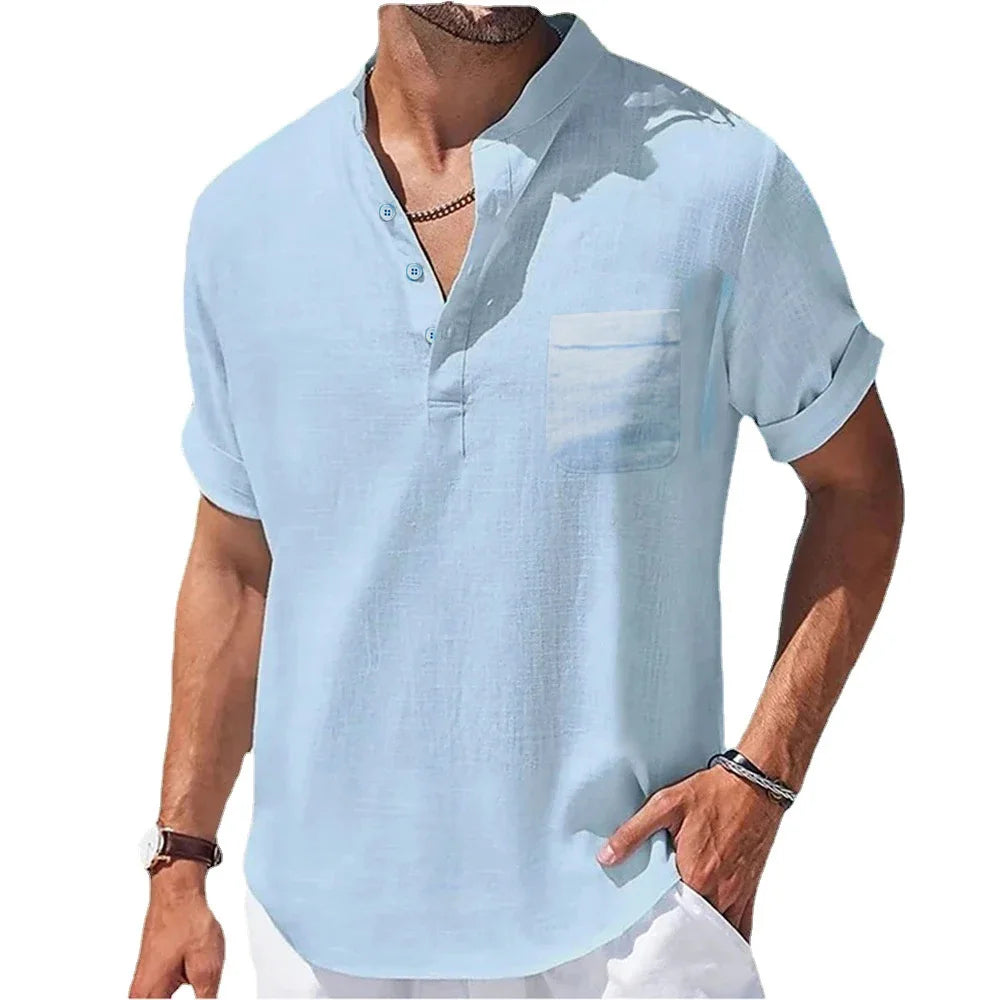 Summer New Men'S Cotton and Linen Shirts Short-Sleeved T-Shirt Henry Collar Casual Men'S T-Shirts Shirt Male Men Clothing
