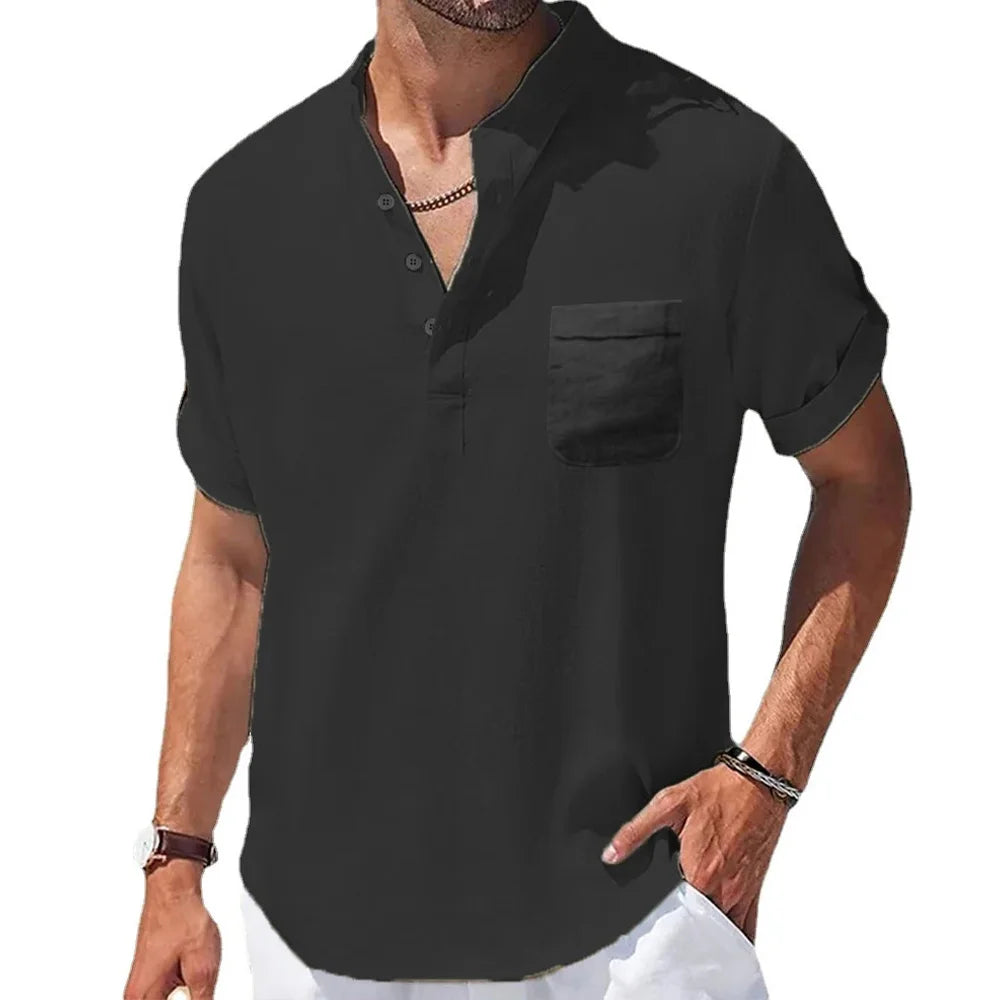 Summer New Men'S Cotton and Linen Shirts Short-Sleeved T-Shirt Henry Collar Casual Men'S T-Shirts Shirt Male Men Clothing