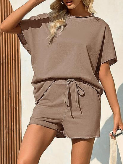 Women Summer Casual Short Sleeve Top and High Waist Shorts Fitness Casual Shorts Set