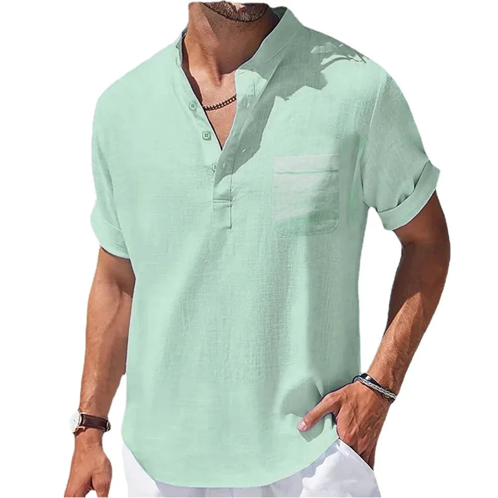 Summer New Men'S Cotton and Linen Shirts Short-Sleeved T-Shirt Henry Collar Casual Men'S T-Shirts Shirt Male Men Clothing