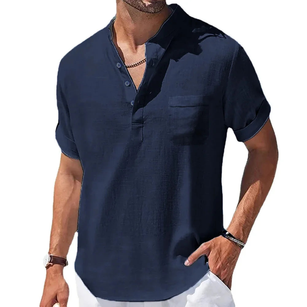 Summer New Men'S Cotton and Linen Shirts Short-Sleeved T-Shirt Henry Collar Casual Men'S T-Shirts Shirt Male Men Clothing