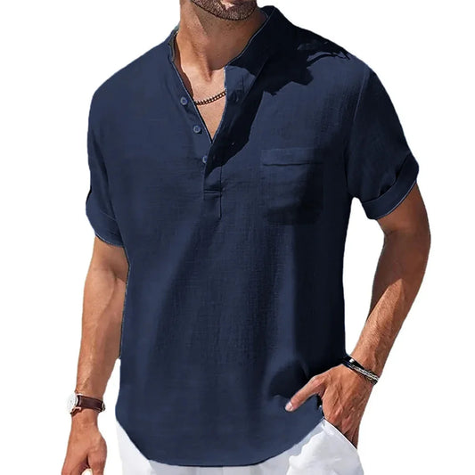 Summer New Men'S Cotton and Linen Shirts Short-Sleeved T-Shirt Henry Collar Casual Men'S T-Shirts Shirt Male Men Clothing