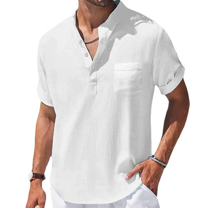 Summer New Men'S Cotton and Linen Shirts Short-Sleeved T-Shirt Henry Collar Casual Men'S T-Shirts Shirt Male Men Clothing