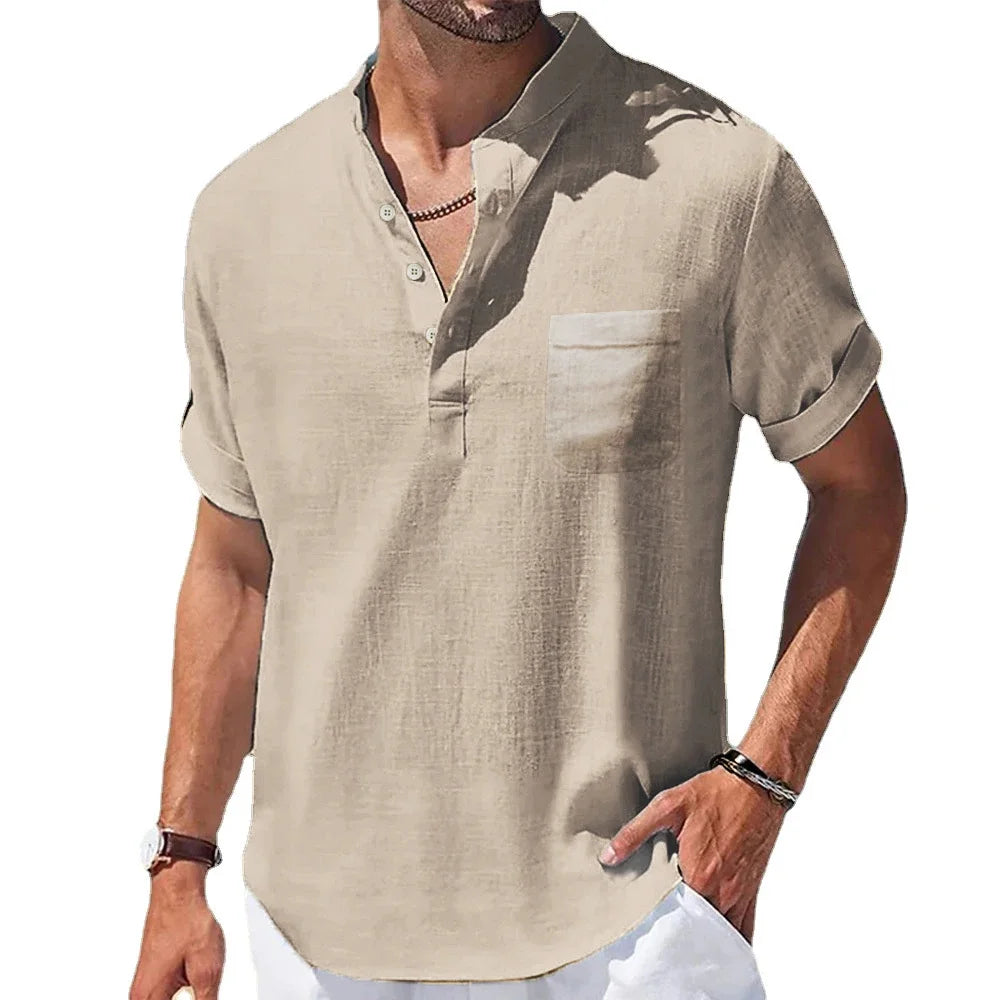 Summer New Men'S Cotton and Linen Shirts Short-Sleeved T-Shirt Henry Collar Casual Men'S T-Shirts Shirt Male Men Clothing