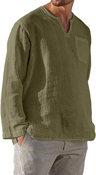 Cotton Linen V Neck Long Sleeve Casual Shirt