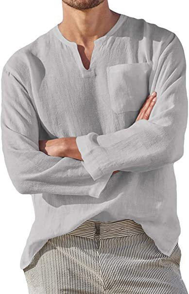 Cotton Linen V Neck Long Sleeve Casual Shirt