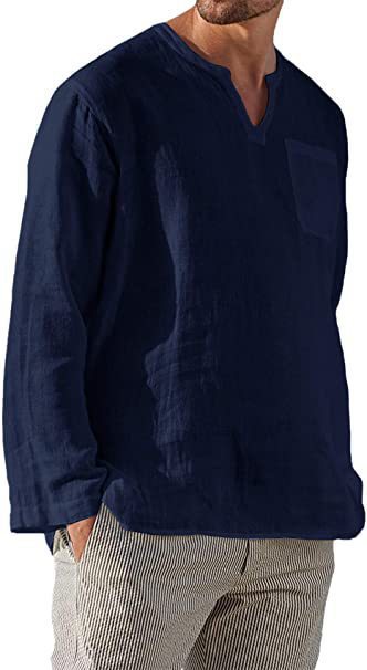 Cotton Linen V Neck Long Sleeve Casual Shirt