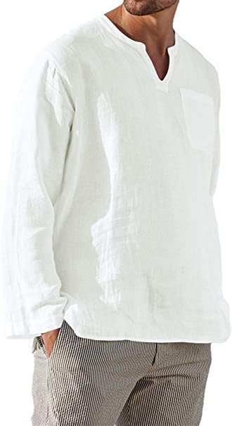Cotton Linen V Neck Long Sleeve Casual Shirt