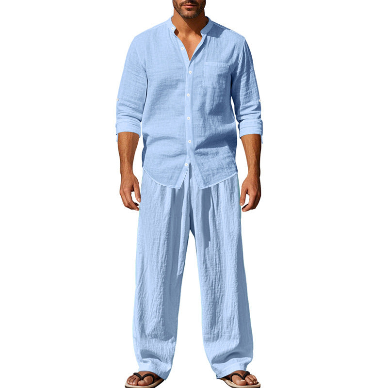 Linen Crew Neck Breathable Long Sleeve & Pants Set