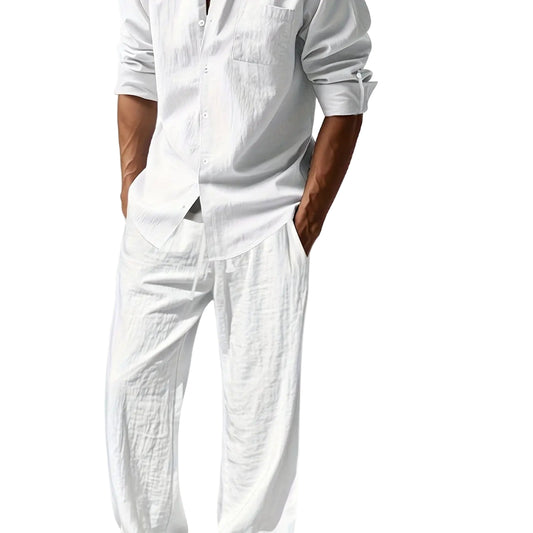 Men'S Casual Linen Long Sleeve Crew Neck Pants Set Breathable Loose Fit with Pockets for All Seasons