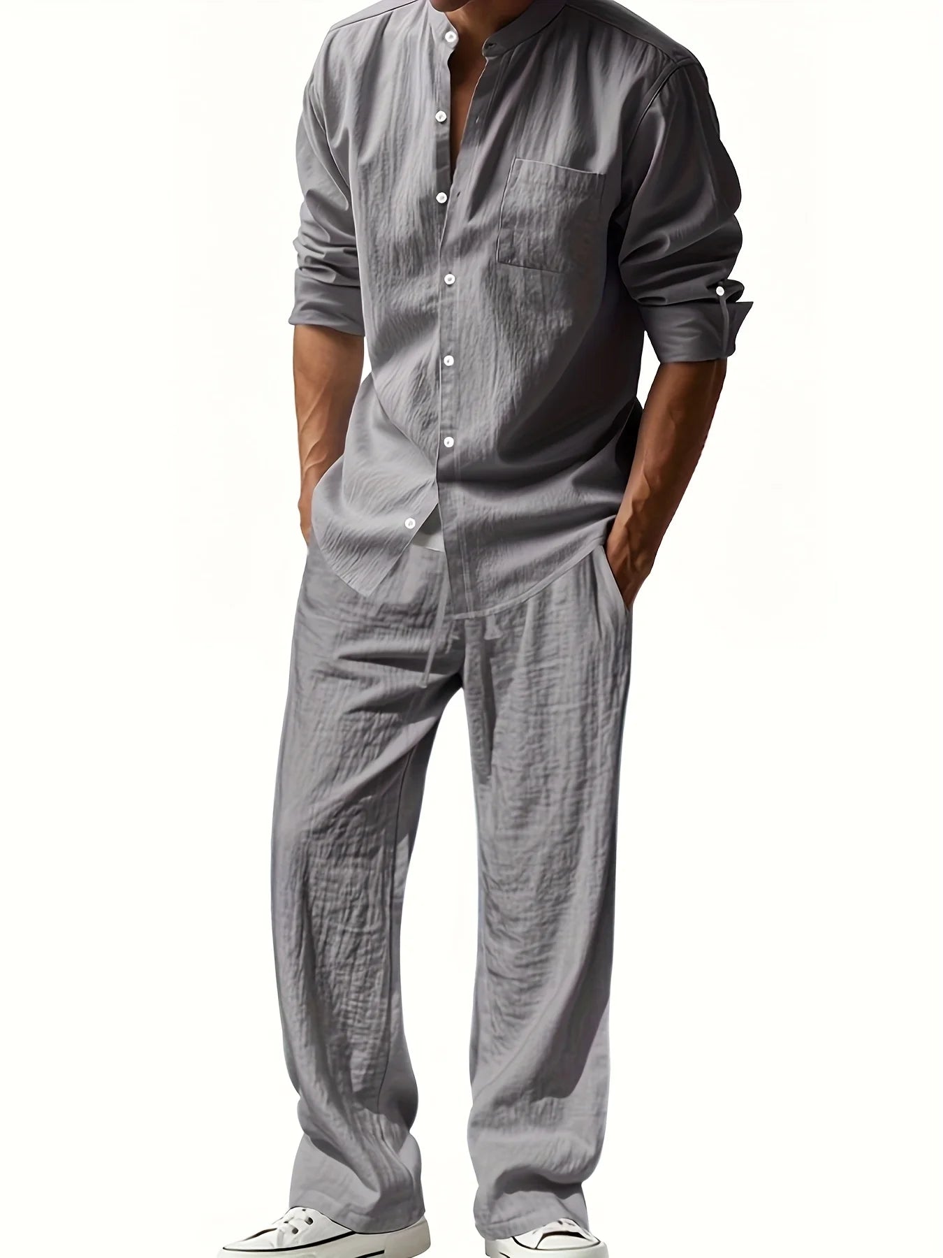 Men'S Casual Linen Long Sleeve Crew Neck Pants Set Breathable Loose Fit with Pockets for All Seasons