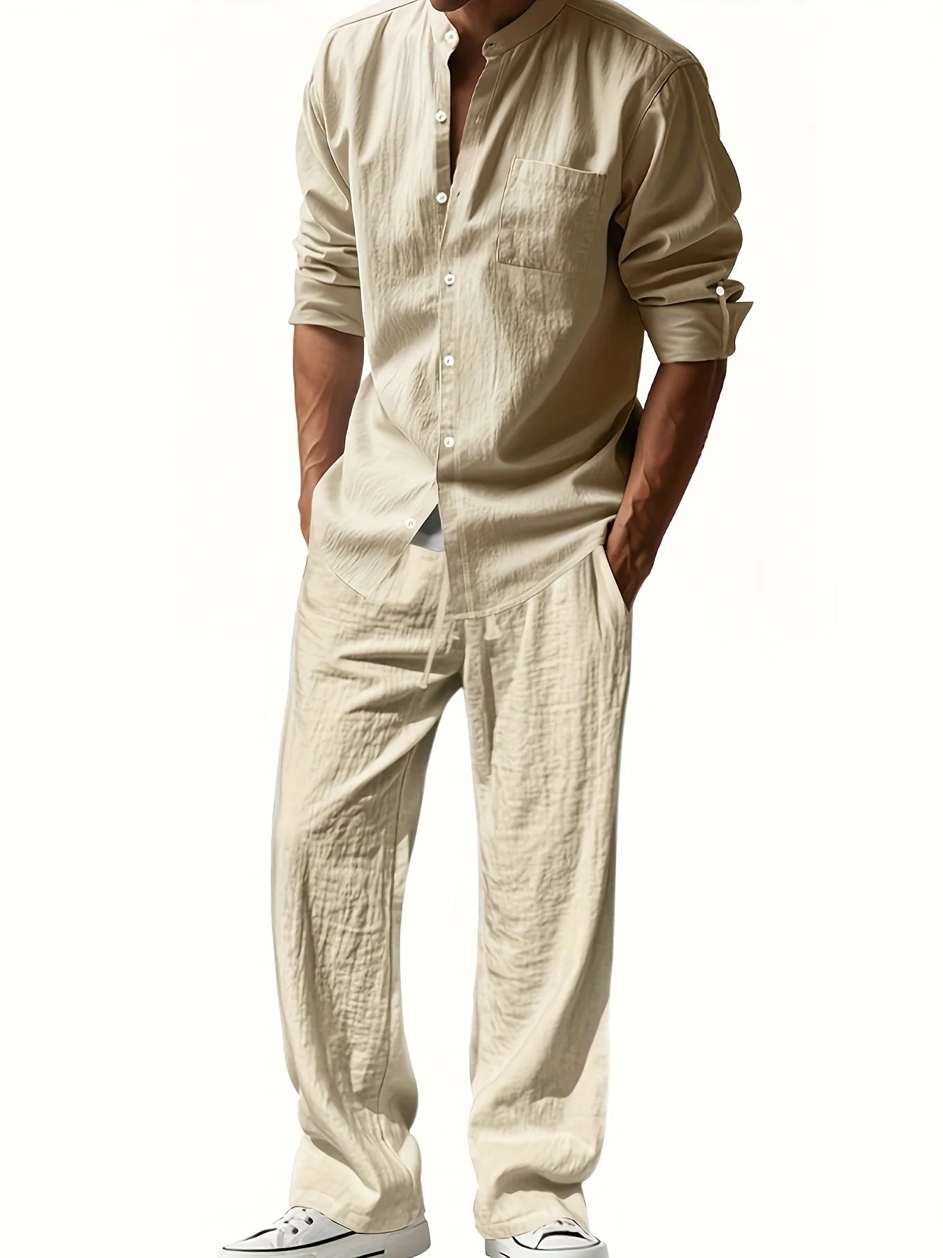 Men'S Casual Linen Long Sleeve Crew Neck Pants Set Breathable Loose Fit with Pockets for All Seasons