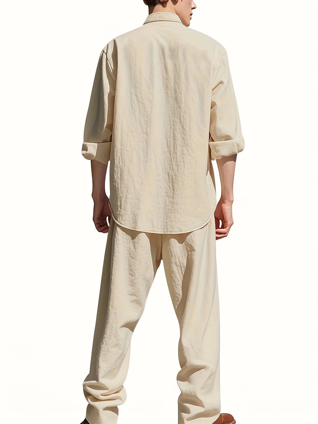 Men'S Casual Linen Long Sleeve Crew Neck Pants Set Breathable Loose Fit with Pockets for All Seasons