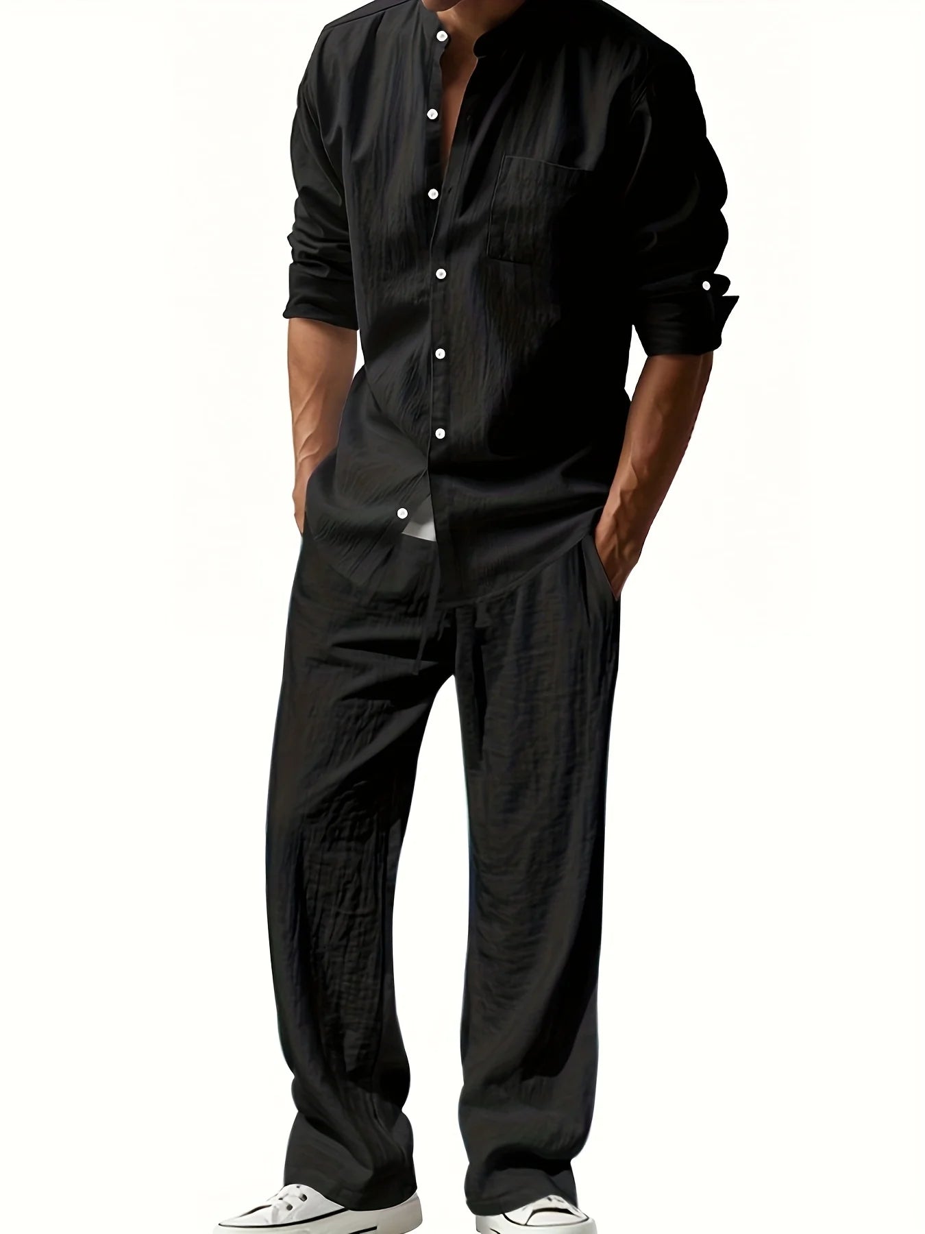 Men'S Casual Linen Long Sleeve Crew Neck Pants Set Breathable Loose Fit with Pockets for All Seasons