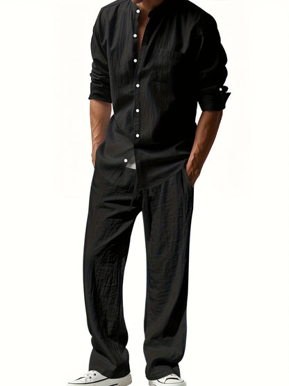 Men'S Casual Linen Long Sleeve Crew Neck Pants Set Breathable Loose Fit with Pockets for All Seasons