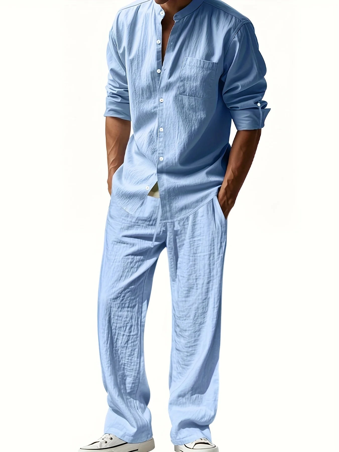 Men'S Casual Linen Long Sleeve Crew Neck Pants Set Breathable Loose Fit with Pockets for All Seasons