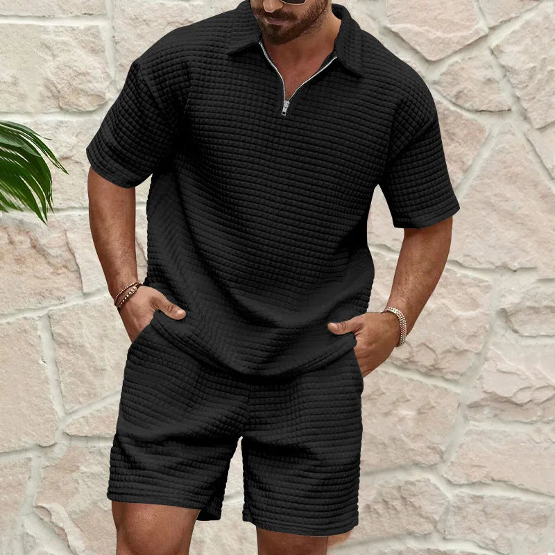 2024 Summer New Men'S Sets Casual Trend Fashion Comfortable Waffle Solid Color Polo Sport Sweatshirts Ropa Para Hombre