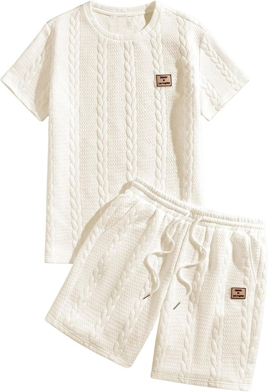 Men'S 2 Piece Outfits Cable Knit Letter Patched Crewneck Tee and Shorts Sets