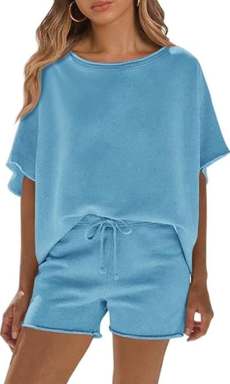 Women Summer Casual Short Sleeve Top and High Waist Shorts Fitness Casual Shorts Set