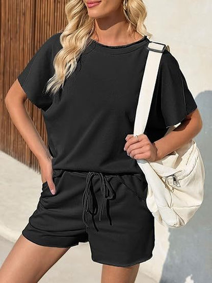 Women Summer Casual Short Sleeve Top and High Waist Shorts Fitness Casual Shorts Set